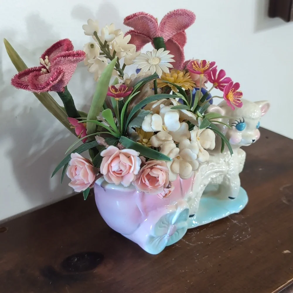 Charming Pastel Lamb Planter with Flowers Cottagecore Vintage Blue Pink Decor